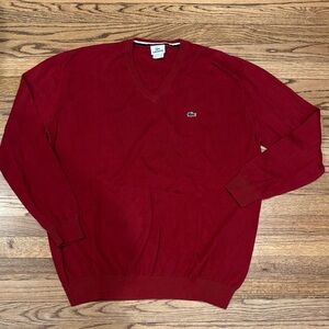 Lacoste Men's V-Neck Sweater in Deep Red with Green Crocodile Logo XXL/7